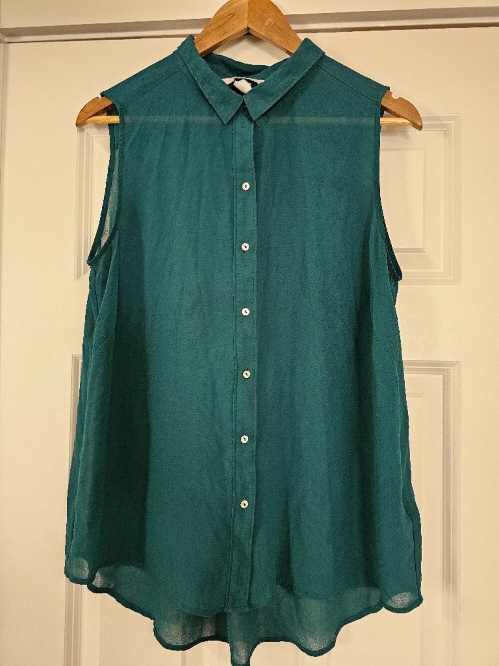 H&M Teal Green Sleeveless Blouse,sheer fabric,collard neckline,button-down front